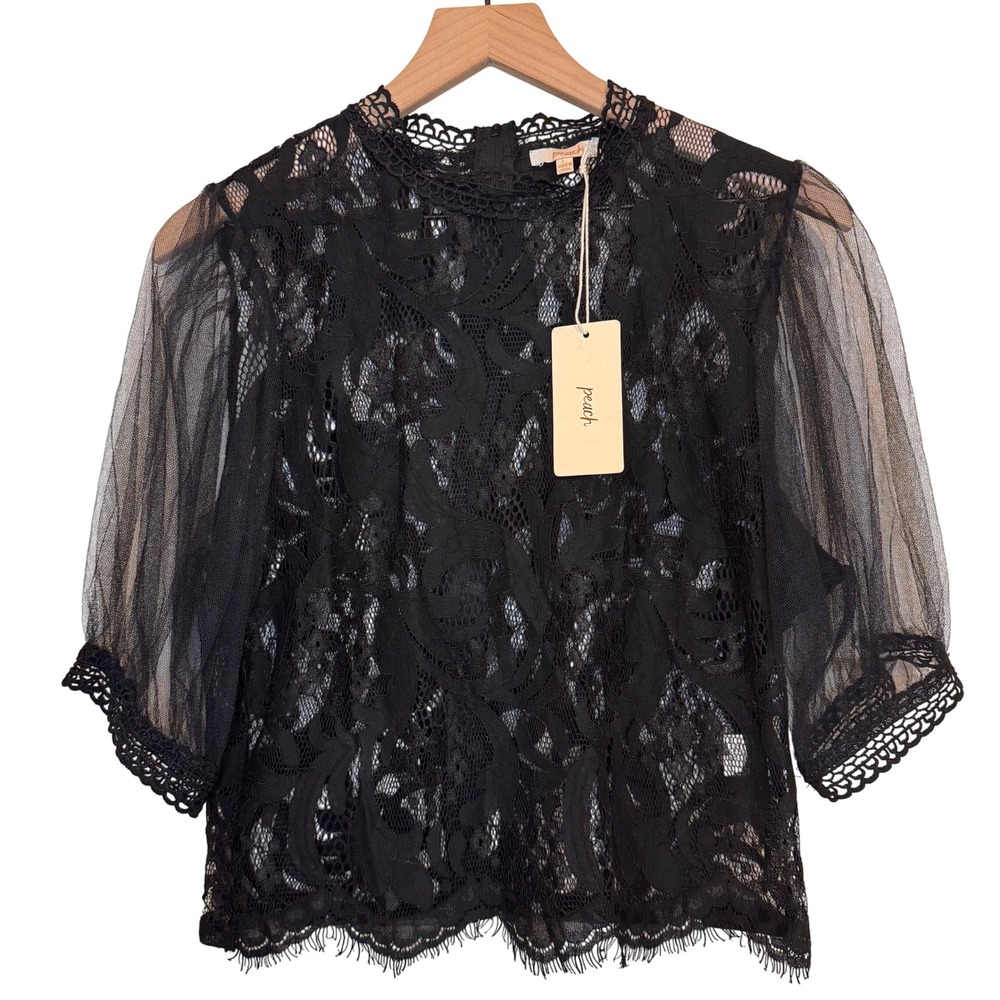 NWT Peach Black Lace Puff Sleeve Blouse Size L Whimsigoth Glam Romantasy‎ Goth